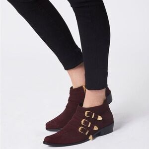 Anine Bing Witchy Western Emma Boots Burgundy Gold Triple Buckle Luxury Cowboy